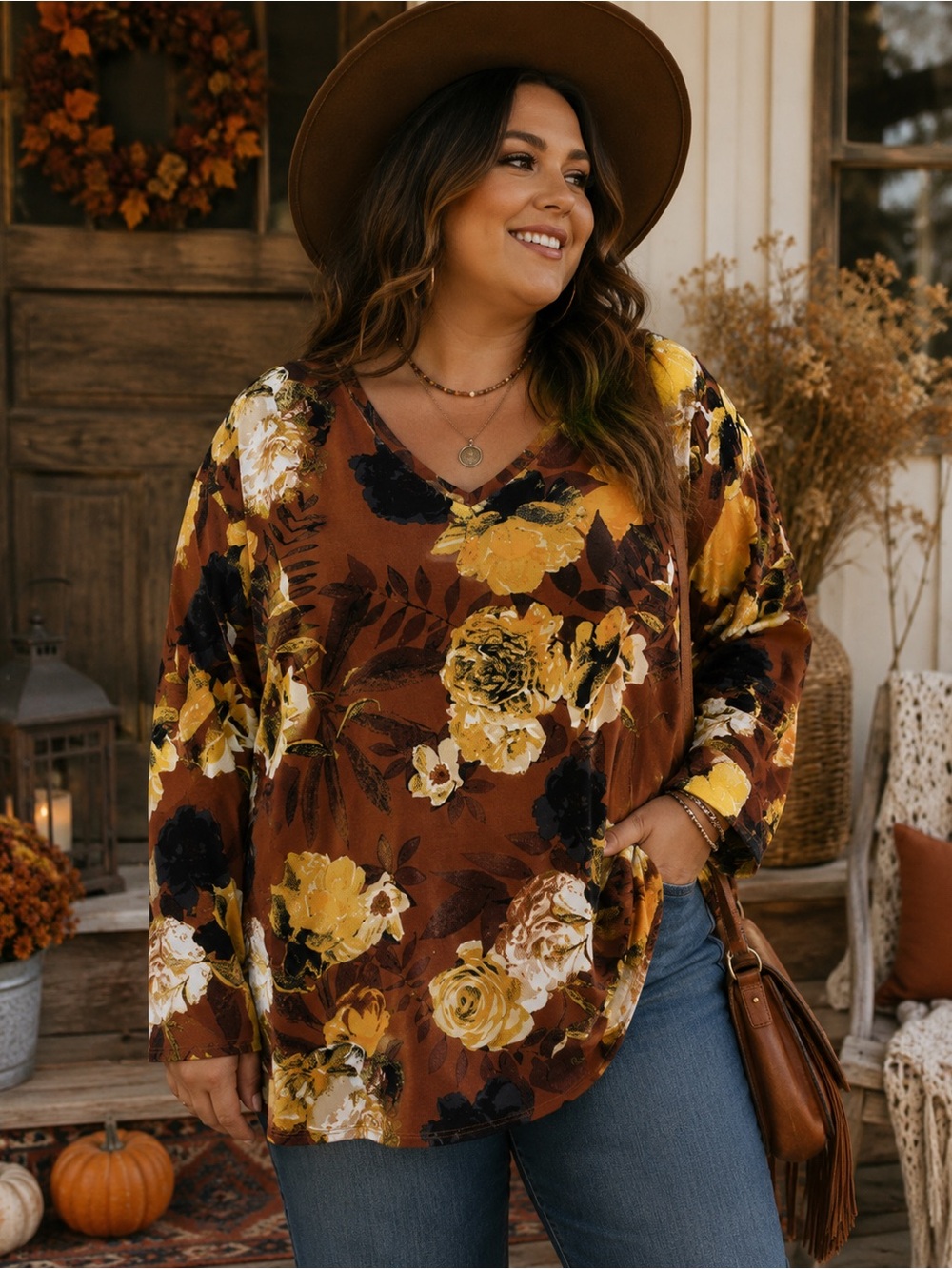Denim & Co. Floral Autumn Boho V-Neck Pullover Sweater Size 1X